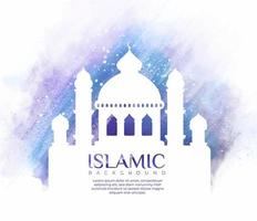 fundo de celebração islâmica desenhado à mão. bela aquarela gradiente com mesquita de silhueta branca vetor