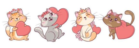 coleção de gatos bonitos dos namorados kawaii em poses diferentes com corações e flores vetor