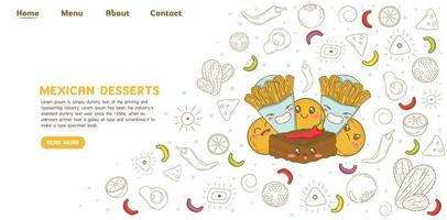 sobremesas mexicanas rosquinha churros e modelo de site de página de destino de brownie de pimentão com elementos de desenho animado doodle vetor