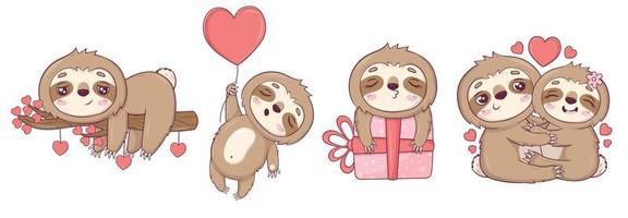conjunto de clipart com preguiças engraçadas apaixonadas, abraçando, com presentes e corações para o dia dos namorados vetor