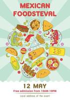 feira de fast food mexicana e modelo fisteval com comida kawaii no estilo cartoon doodle. vetor