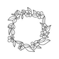 conjunto coroa de flores com folhas e bagas, elemento de design de coroa de louros, mão simples desenhada para convite de casamento, cartão de felicitações, flores isoladas no fundo branco. vetor
