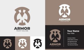 modelo de logotipo moderno de jogo e armadura de design plano vetor
