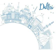 delinear o horizonte da cidade de delhi índia com edifícios azuis com espaço de cópia. vetor