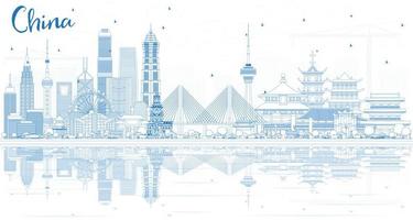delineie o horizonte da cidade da china com reflexões. vetor