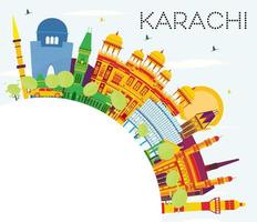 horizonte de karachi com marcos coloridos, céu azul e espaço para texto. vetor