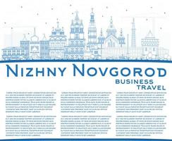 delineie o horizonte da cidade de nizhny novgorod rússia com edifícios azuis e espaço de cópia. vetor