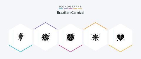 carnaval brasileiro pacote de ícones de 25 glifos incluindo coração. brasil. futebol americano. luz solar. claro vetor