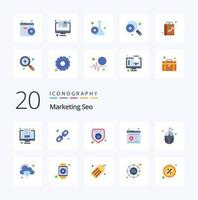 20 pacotes de ícones de marketing seo flat color como o site da rede de computação do monitor online vetor