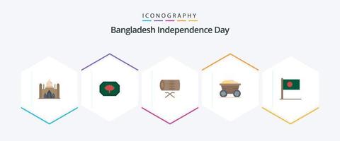 Dia da Independência de Bangladesh 25 Pacote de Ícones Planos, incluindo Bangla. Bangladesh. instrumento. Comida. carrinho vetor