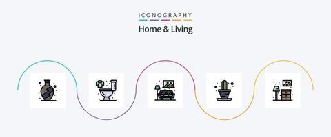 casa e linha de vida cheia de pacote de ícones plana 5 incluindo . mobiliário. sofá. vivo. plantar vetor