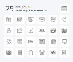design de som e produção de som pacote de ícones de 25 linhas, incluindo cabo. áudio. digital. aceno. hertz vetor
