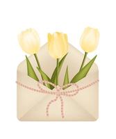 flores na ilustração isolada do envelope vintage. dia das mães, decoração de presente do dia da mulher. carta da moda 3d realista com flores dentro. conceito moderno de saudação. tulipas amarelas 3d realistas. vetor