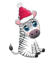 zebra bonita no chapéu de papai noel com bola de natal, doces kane, presente. personagem de desenho animado de feriados da vida selvagem. vetor