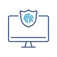 computador com ícone de linha de tecnologia touch id. tela de senha, pictograma de acesso de segurança. identificação de impressão digital, escudo no símbolo de proteção de exibição. curso editável. ilustração vetorial isolada. vetor