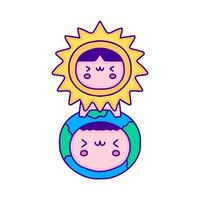 bebê fofo em arte de doodle de fantasia de planeta sol e terra, ilustração para camiseta, adesivo ou mercadoria de vestuário. com pop moderno e estilo kawaii. vetor