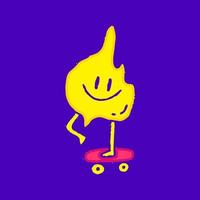 rosto de emoji de sorriso distorcido andando de skate cartoon, ilustração para camiseta, adesivo ou mercadoria de vestuário. com pop moderno e estilo retrô. vetor