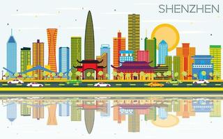horizonte da cidade de shenzhen china com edifícios de cor, céu azul e reflexões. vetor