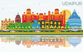 horizonte da cidade de udaipur índia com edifícios coloridos, céu azul e reflexões. vetor