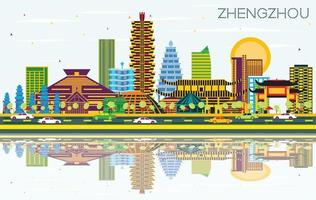 horizonte da cidade de zhengzhou china com edifícios de cor, céu azul e reflexões. vetor