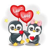 par de pinguins com balões em forma de coração fofo dia dos namorados vetor
