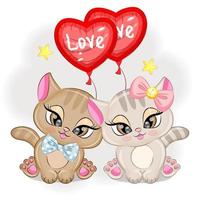 par de gatinhos com balões em forma de um coração bonito ilustração vetorial dos namorados vetor