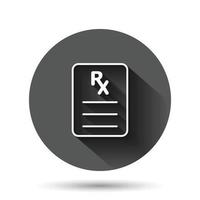 ícone de prescrição em estilo simples. ilustração em vetor documento rx em fundo redondo preto com efeito de sombra longo. conceito de negócio de botão de círculo de papel.