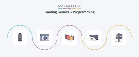 gêneros de jogos e linha de programação preenchida com 5 ícones planos, incluindo pistola. arma de fogo. desenvolvedor. luvas. concorrência vetor