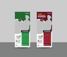 rollup de negócios de restaurante de menu de comida, modelo de banner de standee ou layout de banner de rollup de promoção de comida criativa, duas cores puxam a apresentação, banner de exposição, maquete de rollup de vetor