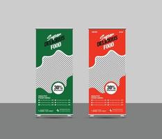 rollup de negócios de restaurante de menu de comida, modelo de banner de standee ou layout de banner de rollup de promoção de comida criativa, duas cores puxam a apresentação, banner de exposição, maquete de rollup de vetor