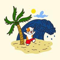 gato bonito feliz em brincar na praia design de ilustração vetorial vetor