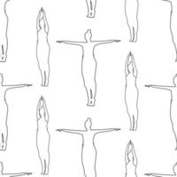 desenho de contorno sem fim de uma mulher fazendo yoga asana com os braços levantados e em diferentes direções vetor