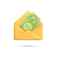 vetor 3d abriu envelope amarelo com design de ícone de papel moeda de dólar verde