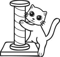 gato desenhado à mão com ilustração de poste de escalada de gato no estilo doodle vetor