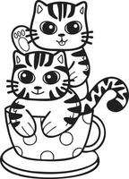 gato ou gatinho listrado desenhado à mão com ilustração de caneca de café em estilo doodle vetor