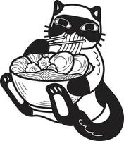 gato desenhado de mão comendo ilustração de macarrão no estilo doodle vetor