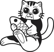gato listrado desenhado à mão comendo ilustração de peixe no estilo doodle vetor