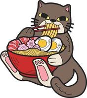 gato desenhado de mão comendo ilustração de macarrão no estilo doodle vetor