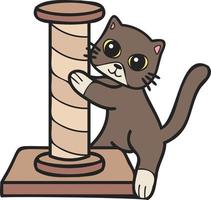 gato desenhado à mão com ilustração de poste de escalada de gato no estilo doodle vetor