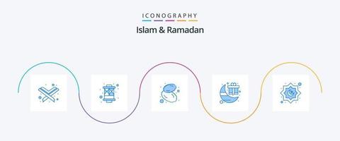 Islã e Ramadan Blue 5 Icon Pack, incluindo decoração. Ramadã. Comida. lua. celebração vetor