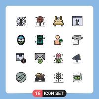 grupo de 16 sinais e símbolos de linhas preenchidas de cores planas para configuração de elementos de design de vetores criativos editáveis de viagem de engrenagem de ônibus de interface