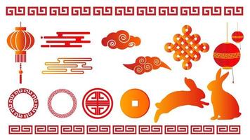 elementos tradicionais do ano novo chinês ornamentos orientais asiáticos decorações festivas japonesas nuvens padrões de lanterna coelho moeda vetor