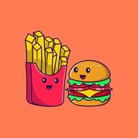 ilustração bonito dos ícones do vetor dos desenhos animados do hamburguer e das batatas fritas. conceito de desenho animado plano. adequado para qualquer projeto criativo.