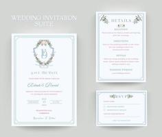 conjunto de cartão de convite de casamento com brasão de casamento. convite, detalhes, ilustração em vetor modelo rsvp.