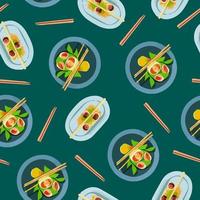 vetor macarrão padrão sem emenda comida asiática sobre fundo verde. ilustração vetorial, plano, estilo de arte de linha, design criativo