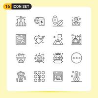 16 ícones criativos, sinais e símbolos modernos de hack, despesas de garçom, comida de homem, elementos de design de vetores editáveis