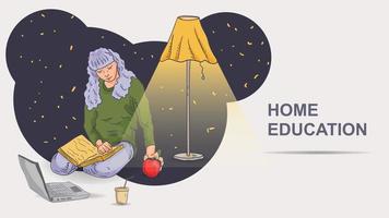 uma menina com um livro no colo leva uma maçã em sua ilustração de cor de contorno de mão no estilo de um doodle vetor