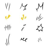 conjunto vetorial de elementos de design de efeitos de emoticon de sinal de expressão de desenho animado bonito desenhados à mão doodle, símbolos de emoção de personagem de desenho animado, vetor
