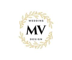 coleção de logotipos de monograma de casamento de letra mv, modelos modernos minimalistas e florais desenhados à mão para cartões de convite, salve a data, identidade elegante para restaurante, boutique, café em vetor