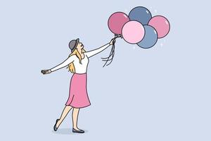 jovem sorridente segurando um monte de balões. garota feliz joga balão no ar. celebração da liberdade. ilustração vetorial. vetor